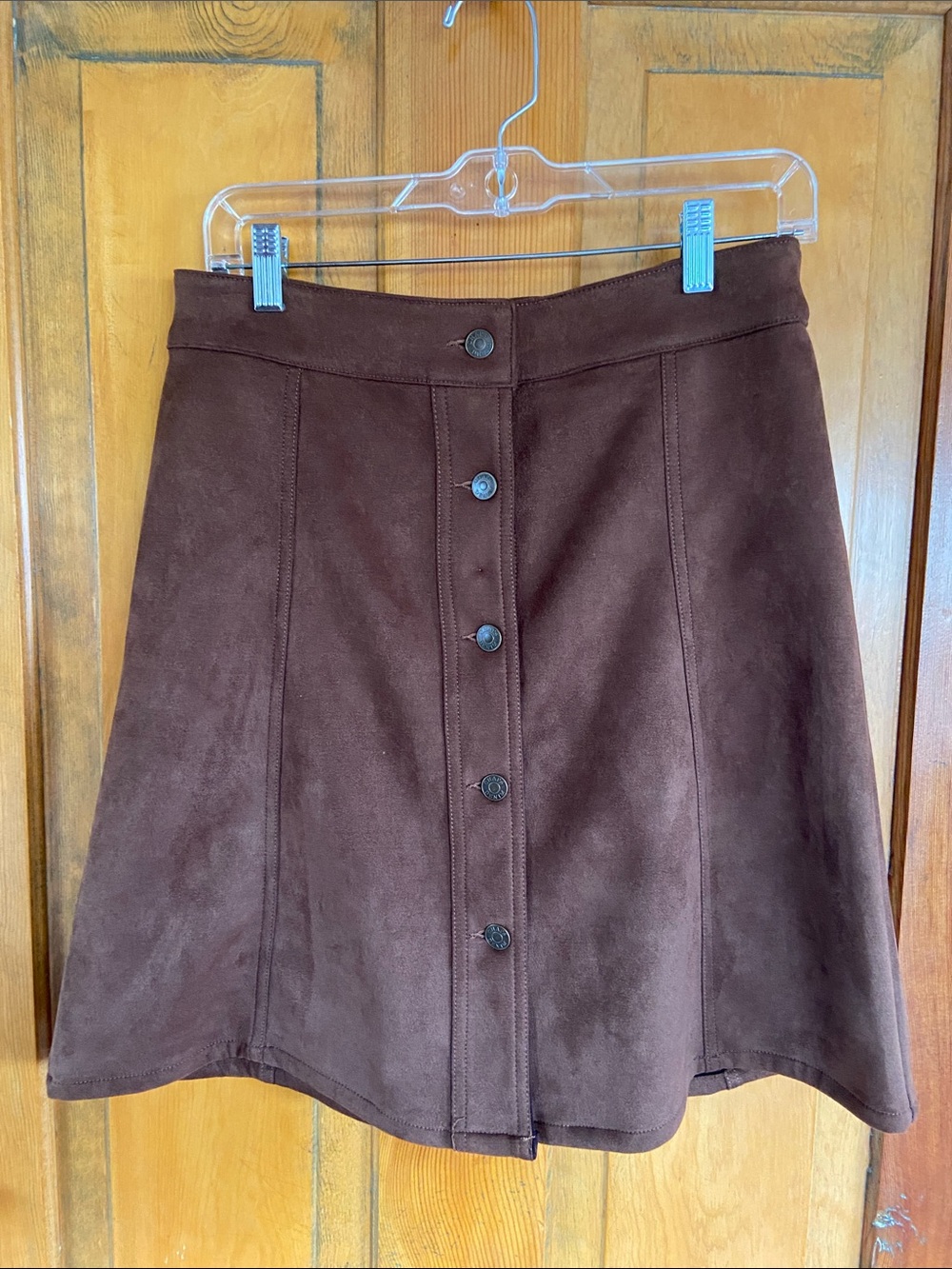 Chaps Brown Suede-Look Button Front Skater Skirt